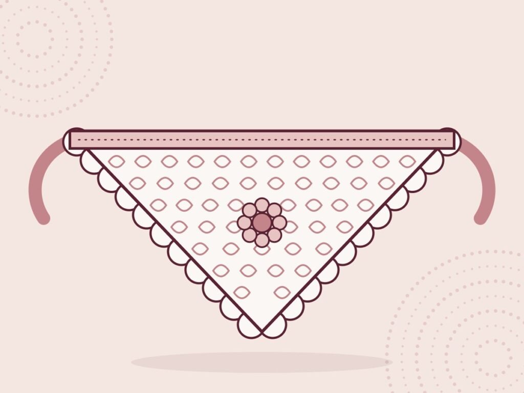 Illustration of a triangle lace crochet bandana with a scalloped edge, openwork mesh and ties