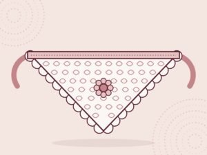 Illustration of a triangle lace crochet bandana with a scalloped edge, openwork mesh and ties