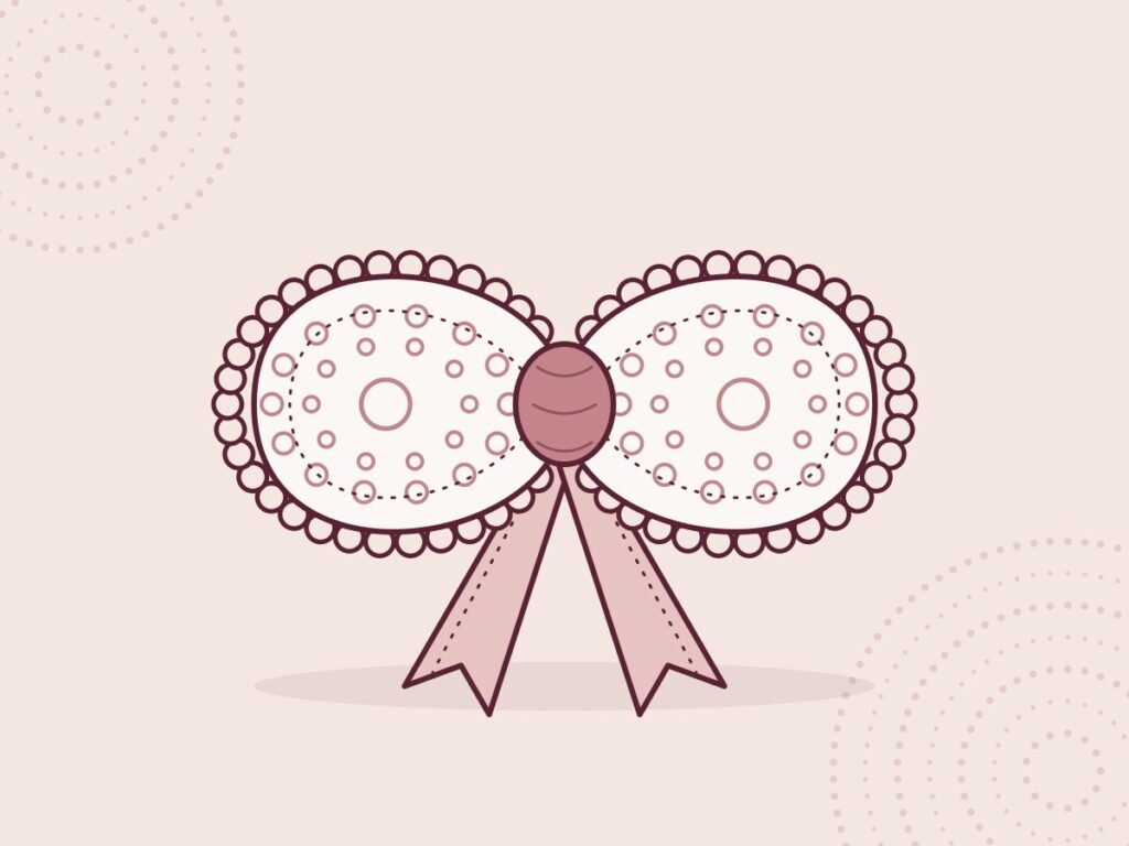 Illustration of a lace crochet bow with picot edging, eyelet details and ribbon tails