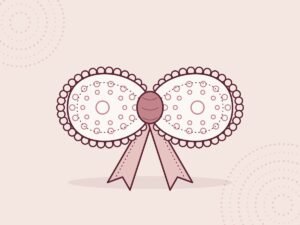 Illustration of a lace crochet bow with picot edging, eyelet details and ribbon tails