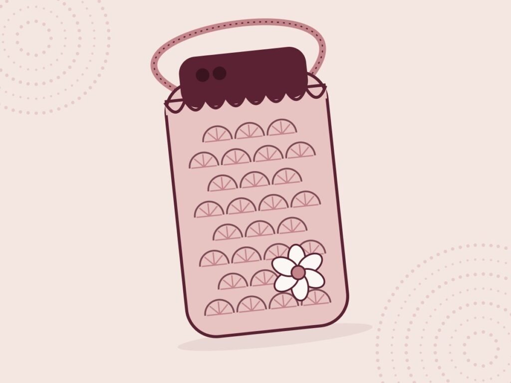 Illustration of a crochet phone case pouch in shell stitch with a flower appliqué and carry strap
