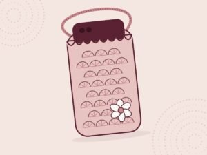 Illustration of a crochet phone case pouch in shell stitch with a flower appliqué and carry strap